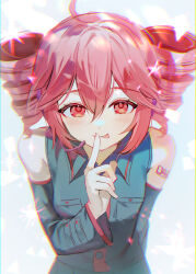 1girl absurdres ahoge arm_behind_back chromatic_aberration closed_mouth drill_hair finger_to_mouth grey_shirt grey_sleeves hair_between_eyes highres index_finger_raised kasane_teto licking_lips looking_at_viewer mirage_(rairudiseu) number_tattoo red_eyes red_hair shirt short_hair sidelocks sleeveless sleeveless_shirt solo tattoo tongue tongue_out twin_drills utau