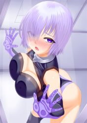 1girl against_glass ass bare_shoulders black_leotard black_thighhighs blush breast_press breasts cleavage cleavage_cutout clothing_cutout collar elbow_gloves fate/grand_order fate_(series) gloves guriguri_(arayotto4351) hair_over_one_eye highleg highleg_leotard highres large_breasts leotard looking_at_viewer mash_kyrielight mash_kyrielight_(demi-servant) metal_collar open_mouth pink_hair purple_eyes purple_gloves short_hair solo thighhighs thighs
