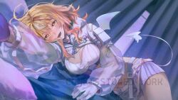 1girl alternate_costume asymmetrical_gloves belt blonde_hair breasts character_ornament chest_belt cleavage cleavage_cutout clothing_cutout commentary commission cosplay cowboy_shot curtains demon_tail demon_wings english_commentary fang gloves gradient_hair green_eyes hand_rest heart heart_tattoo highres hololive hooded_shrug indoors large_breasts legzy long_sleeves looking_at_viewer lower_teeth_only lying melting_tail messy_hair momosuzu_nene multicolored_hair multiple_belts nekko_(momosuzu_nene) on_side open_mouth outstretched_arm pink_hair pubic_tattoo puffy_sleeves purple_gloves see-through_clothes see-through_sleeves short_shorts shorts shrug_(clothing) sidelocks skin_fang smile solo strapless tail tattoo teeth tokoyami_towa tokoyami_towa_(cosplay) tokoyami_towa_(cyberpunk) tube_top turtleneck virtual_youtuber watermark white_gloves white_hood white_shorts white_tube_top wings