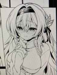 Rule 34 | black hairband, black ribbon, blush, breasts, firefly (honkai: star rail), greyscale, hair between eyes, hair intakes, hair ornament, hair ribbon, hairband, highres, honkai: star rail, honkai (series), jacket, kagura nanaki, large breasts, long hair, monochrome, ribbon, sweatdrop, white hair