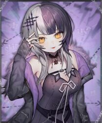 1girl black_choker black_coat black_dress black_hair breasts character_name chest_harness choker cleavage closed_mouth coat dress fur-trimmed_coat fur_trim grey_hair harness highres hololive hololive_english looking_at_viewer medium_breasts medium_hair multicolored_hair shiori_novella shiori_novella_(1st_costume) smile solo split-color_hair szuukie tongue tongue_out virtual_youtuber yellow_eyes
