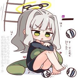 Rule 34 | 1girl, :o, ?, barefoot, black shirt, blue archive, blunt bangs, blush, commentary request, empty eyes, full body, green eyes, grey hair, halo, hana kazari, hare (blue archive), heart, highres, knees up, ladder, long hair, long sleeves, open mouth, panties, pussy juice, shirt, simple background, sitting, solo, sweat, translation request, underwear, white background, white panties, yellow halo