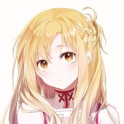 1girl absurdres asuna_(sao) bare_shoulders blush braid closed_mouth hair_between_eyes highres istriri light_frown long_hair looking_at_viewer orange_eyes orange_hair solo sword_art_online twitter_username upper_body white_background