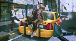 1girl 3boys black_hair bottle bow_hairband brown_jacket brown_pants building car cigarette closed_mouth collared_shirt day eyewear_hang ford_crown_victoria ford_crown_victoria_(2nd_generation) fuurin_sou hairband highres holding holding_cigarette jacket long_sleeves motor_vehicle multiple_boys necktie on_car open_clothes open_jacket original outdoors pants red_eyes red_necktie road shirt short_hair sitting street traffic_cone_on_head traffic_light unworn_eyewear white_footwear