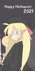 Rule 34 | 1girl, black background, black capelet, blonde hair, blue eyes, bolos, bow, candle, candlestand, capelet, closed mouth, dated, english text, halloween, hat, hat bow, highres, holding candlestand, lily black, lily white, long hair, pointy ears, red bow, scared, sidelocks, sweat, touhou, transparent wings