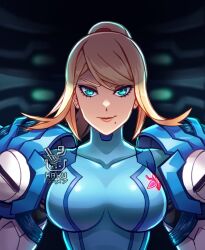 1girl armor blonde_hair blue_eyes breasts hakuramen large_breasts lips mecha_pilot_suit metroid metroid_dread mole mole_under_mouth nintendo plugsuit_(evangelion) samus_aran smile zero_suit