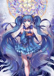 1girl aqua_eyes black_bow blue_dress blue_eyes blue_hair blue_sleeves bow constellation_print detached_sleeves dress frilled_dress frilled_sleeves frilled_thigh_strap frills hair_ornament hatsune_miku highres kozou_kazaru long_hair open_mouth sleeveless sleeveless_dress solo stained_glass star_(symbol) star_hair_ornament thigh_strap twintails very_long_hair vocaloid wavy_hair yuki_miku yuki_miku_(2017)