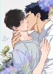 Rule 34 | 2boys, adam&#039;s apple, black hair, blue hair, blurry, closed eyes, collared shirt, couple, dark blue hair, depth of field, facial hair, flower, grey background, grey shirt, hand on another&#039;s neck, kiss, kiss day, light blush, makito hanabie, male focus, minato todomi, multiple boys, rabbit in the room, shirt, short hair, sideburns stubble, stubble, white shirt, yan (bltyann), yaoi