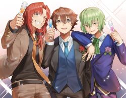 3boys absurdres ao_no_kiseki blue_eyes cancanbaobao55 cocktail_glass cup curtained_hair double-parted_bangs drinking_glass eiyuu_densetsu flower flower_on_chest formal_clothes glass gradient_background green_hair grin hair_intakes hajimari_no_kiseki highres holding holding_cup lloyd_bannings looking_at_viewer male_focus multiple_boys necktie one_eye_closed open_mouth parted_bangs randolph_orlando rose short_hair side_ponytail sideburns simple_background smile sparkle_background suit vest waistcoat wazy_hemisphere yellow_eyes zero_no_kiseki