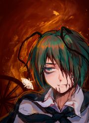 1girl androgynous antennae black_cape blood blood_on_face cape closed_mouth collared_shirt commentary_request expressionless fire green_eyes green_hair hair_between_eyes hair_over_one_eye highres hotaru_kago long_bangs looking_to_the_side shirt short_hair solo touhou upper_body wheel white_shirt wriggle_nightbug