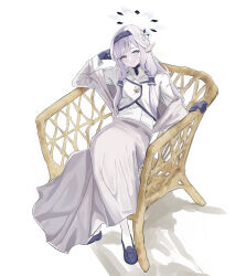 1girl absurdres arm_up black_gloves black_hairband black_shoes blue_archive chair closed_mouth commentary_request full_body gloves grey_eyes grey_hair grey_jacket grey_skirt hairband halo handa_vega highres himari_(blue_archive) jacket loafers long_hair off_shoulder on_chair open_clothes open_jacket pantyhose pointy_ears shadow shirt shoes simple_background skirt smile solo very_long_hair white_background white_jacket white_pantyhose white_shirt