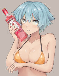 1girl alcohol arm_under_breasts beefeater_gin bikini blue_eyes blue_hair blush bottle breasts cirno cirno_(cookie) commentary cookie_(touhou) grey_background grin hair_between_eyes highres holding holding_bottle large_breasts looking_at_viewer oomiya_(nicoseiga96593860) short_hair simple_background smile solo swimsuit touhou upper_body yellow_bikini