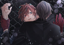 2boys blush brown_hair chain-link_fence crying fence formal_clothes gloves green_eyes hypnosis_mic iruma_jyuto kannonzaka_doppo multiple_boys night pinned_down red_hair restrained scared suit tears yaoi