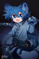 Rule 34 | 1boy, animal ears, animal feet, animal hands, black background, blue eyes, blue hair, chain, chain leash, claws, collar, commentary, deviidog0, english commentary, fangs, foreshortening, highres, leash, looking at viewer, male focus, metal collar, monster boy, original, shirt, short hair, shorts, spotlight, standing, tail