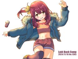 Rule 34 | 1girl, 2024, :d, black thighhighs, blue jacket, blush, bow, copyright name, crop top, dated, flat chest, hair bow, jacket, jagi (jagi souken), long hair, long sleeves, looking at viewer, midriff, navel, open clothes, open jacket, open mouth, outstretched arm, red hair, red shorts, short shorts, shorts, side ponytail, simple background, smile, solo, stomach, thighhighs, toki ayano, white background, yellow bow, yellow eyes, yurucamp, zettai ryouiki