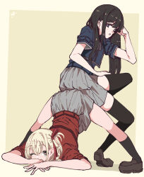 2girls ankle_socks black_hair black_socks black_thighhighs blonde_hair blue_dress border brown_shoes dress grey_dress hair_ornament hair_ribbon highres inoue_takina jack-o&#039;_challenge loafers long_hair looking_at_viewer lycoris_recoil lycoris_uniform multiple_girls nishikigi_chisato one_eye_closed one_side_up outside_border panyatteria purple_eyes red_dress red_eyes red_ribbon ribbon shoes short_hair short_sleeves sitting sitting_on_person socks spread_legs thighhighs thighs top-down_bottom-up yellow_background yellow_border