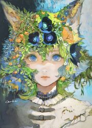 1girl absurdres animal_ears blue_eyes blue_flower closed_mouth flower highres looking_at_viewer orange_flower orie_h original plant_hair signature solo wolf_ears wolf_girl