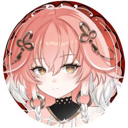 1girl ahoge bare_shoulders braid changli_(wuthering_waves) closed_mouth gradient_hair hair_between_eyes hair_ornament long_hair looking_at_viewer multicolored_hair pink_hair portrait simple_background smile solo upper_body white_background white_hair wumingdeqijiang wuthering_waves yellow_eyes