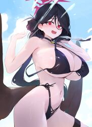 Rule 34 | 1girl, @ @, absurdres, arms up, bikini, black bikini, black choker, black hair, black wings, blue archive, blue sky, blush, breasts, choker, cloud, cowboy shot, cross-laced bikini, cross-laced clothes, dokshuri, embarrassed, hair between eyes, hair bun, halo, hasumi (blue archive), hasumi (swimsuit) (blue archive), highleg, highleg bikini, highres, huge breasts, long bangs, long hair, looking at viewer, low wings, mole, mole under eye, navel, official alternate costume, official alternate hairstyle, open clothes, open mouth, outdoors, pendant choker, red eyes, red halo, shiny skin, side-tie bikini bottom, sky, solo, splashing, swimsuit, thigh strap, untied bikini, untied bikini top, very long hair, wardrobe malfunction, water, wet, wings