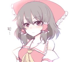 1girl ascot bare_shoulders blouse blush bow breasts brown_hair collarbone detached_sleeves expressionless female_focus frown hair_bow hair_tubes hakurei_reimu large_bow medium_breasts medium_hair red_eyes ribbon-trimmed_sleeves ribbon_trim shiohachi shirt simple_background solo sweatdrop touhou translated v-shaped_eyebrows white_background wide_sleeves