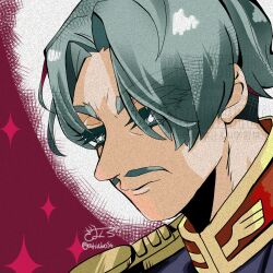 1boy ariabosu challia_bull commentary_request eyes_visible_through_hair facial_hair grey_eyes grey_hair gundam gundam_gquuuuuux highres jacket male_focus military_uniform mustache red_background signature solo