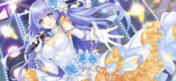 Rule 34 | 1girl, alternate costume, blue eyes, blue hair, breasts, cleavage, date a live, date a live: spirit pledge, dress, elbow gloves, falling petals, floodlights, flower, frilled dress, frills, game cg, gloves, hair flower, hair ornament, indoors, izayoi miku, long hair, looking at viewer, medium breasts, microphone, official art, open mouth, petals, rose, smile, solo, stage lights, third-party source, two-tone dress, white dress