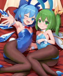 2girls alternate_costume animal_ear_hairband animal_ears armpits bed black_pantyhose blue_eyes blue_hair blue_leotard blush bow bowtie cirno covered_navel daiyousei detached_collar fake_animal_ears fake_tail fingernails flat_chest green_eyes green_hair hair_bow hairband high_heels highleg highleg_leotard highres ice ice_wings kisaragi_koushi leotard looking_at_viewer lying multiple_girls on_side one_eye_closed open_mouth outstretched_hand pantyhose playboy_bunny rabbit_ear_hairband rabbit_ears rabbit_tail red_bow ribbon side_ponytail strapless strapless_leotard tail touhou traditional_bowtie variant_set white_wrist_cuffs wings wrist_cuffs yellow_bow yellow_ribbon