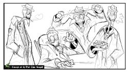 4boys absurdres black_border border chair cigarette coat collared_coat collared_shirt commentary concept_art english_commentary fedora fingerless_gloves fulltimeseagull glitch_productions gloves hand_in_pocket hat highres lapels looking_at_viewer monochrome monster_boy mud_(the_gaslight_district) multiple_boys necktie no_humans official_art pouch rotling_(the_gaslight_district) second-party_source shirt sleeve_pouch smoke smoking the_gaslight_district undershirt white_background