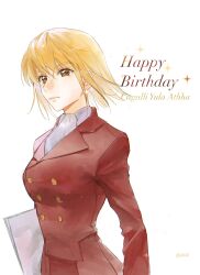 Rule 34 | 1girl, absurdres, ascot, blonde hair, cagalli yula athha, character name, dssa193478, english text, gundam, gundam seed, gundam seed freedom, happy birthday, hashtag-only commentary, highres, jacket, long sleeves, looking at viewer, red jacket, short hair, simple background, smile, solo, sparkle, upper body, white ascot, white background, yellow eyes