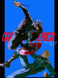 2boys arm_up artist_name azisaiharumaki56 belt black_belt black_bodysuit black_boots black_border black_gloves black_mask blonde_hair blue_background blue_bodysuit blue_eyes bodysuit boots border brown_belt brown_boots brown_gloves brown_hair bucky_barnes captain_america captain_america:_the_winter_soldier captain_america_(series) closed_mouth covered_mouth dagger english_text fighting fingerless_gloves floating_hair full_body gloves highres holding holding_dagger holding_knife holding_shield holding_weapon knife looking_at_another looking_down looking_up male_focus marvel marvel_cinematic_universe mask mouth_mask multiple_boys outside_border pocket prosthesis prosthetic_arm shield short_hair simple_background single_glove star_(symbol) steve_rogers superhero_costume weapon winter_soldier
