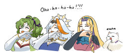 3girls arm_up blonde_hair breasts cat character_request cleavage english_text fire_emblem gloves green_hair hairband highres large_breasts laughing long_hair multiple_girls nintendo ojou-sama_pose open_mouth ponytail tongue white_hair