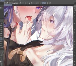 2girls after_kiss art_program_in_frame collar collarbone commentary honkai_(series) honkai_impact_3rd kiana_kaslana looking_at_another multiple_girls nyeppu open_mouth parted_lips purple_eyes purple_hair raiden_mei red_nails saliva saliva_trail signature tongue tongue_out unfinished white_hair yuri