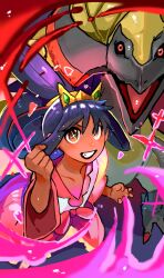 1girl absurdres brown_eyes clenched_hand collarbone commentary_request creatures_(company) game_freak gen_5_pokemon grin hair_rings hand_up haxorus highres iris_(pokemon) long_hair looking_up nintendo pink_skirt pokemon pokemon_(creature) pokemon_bw2 purple_hair shirt skirt smile teeth tiara user_jxfe2532 v-neck white_shirt