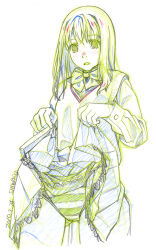 1girl bow bowtie buttons character_request clothes_lift collared_shirt copyright_request cropped_legs dated frown graphite_(medium) green_theme hair_between_eyes highres lace lace-trimmed_skirt lace_trim lifting_own_clothes long_hair long_sleeves looking_at_hands miniskirt nostrils open_mouth panties pleated_skirt school_uniform shirt shiwasu_takashi signature simple_background skirt skirt_lift solo striped_clothes striped_panties sweater_vest tareme thighhighs traditional_media underwear v-neck white_background