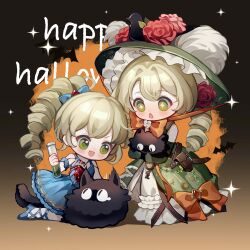 +_+ 2girls :d :o absurdres bare_shoulders belt_pouch black_background blonde_hair blue_dress blush bow chibi chin_strap creature dress drill_hair elbow_gloves flower gloves gradient_background green_dress green_gloves green_headwear happy_halloween hat hat_feather hat_flower highres holding holding_creature holding_test_tube kneeling long_dress looking_down miguo_jiazi multiple_girls open_mouth orange_bow potion pouch procreate_(medium) red_flower red_rose reverse:1999 rose side_drill sleeveless sleeveless_dress smile sotheby sparkle sun_hat test_tube twin_drills v-shaped_eyebrows