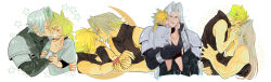 2boys age_difference aged_down armor arms_around_neck belt black_belt black_coat black_shorts black_sweater black_vest blonde_hair blue_outline blush bound bound_wrists bracer carrying carrying_person closed_eyes cloud_strife coat commentary_request couple cropped_torso final_fantasy final_fantasy_vii final_fantasy_vii_advent_children final_fantasy_vii_ever_crisis final_fantasy_vii_remake grey_hair grin hair_intakes hand_on_another&#039;s_cheek hand_on_another&#039;s_face hand_on_another&#039;s_leg hand_on_another&#039;s_waist happy highres holding_another&#039;s_wrist imminent_kiss kiss kissing_cheek layered_sleeves light_smile long_hair long_sleeves looking_at_another looking_down looking_up low_ponytail male_focus multiple_boys multiple_views no_gloves no_jacket one_eye_closed onii-shota outline parted_bangs parted_lips pauldrons ponytail sephiroth sephiroth_(ever_crisis) shirt short_hair short_sleeves shorts shoulder_armor smile sparkle spiked_hair sweater t-shirt takaraxiao toned toned_male topless_male turtleneck turtleneck_sweater vest white_background white_outline yaoi