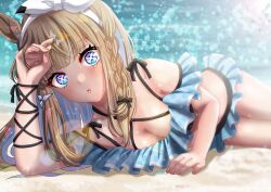 +_+ 1girl :o almond_eye_(umamusume) alternate_costume animal_ears bare_shoulders beach bikini bikini_skirt blue_bikini blue_eyes blurry blurry_background blush bow braid breasts brown_hair cleavage commentary_request criss-cross_halter day ear_bow frilled_bikini frills hair_between_eyes hairband halterneck horse_ears horse_girl horse_tail large_breasts lens_flare long_hair looking_at_viewer lying multicolored_hair on_ground on_side otono_(bkt4b) outdoors sand signature solo streaked_hair swimsuit tail umamusume white_bow white_hair white_hairband