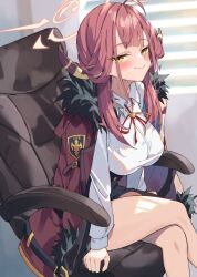1girl ahoge aru_(blue_archive) bare_legs window_blinds blue_archive blush breasts coat coat_on_shoulders commentary_request crossed_legs demon_horns feet_out_of_frame fur-trimmed_coat fur_trim half-closed_eyes halo highres horns indoors large_breasts looking_at_viewer neck_ribbon on_chair pink_hair red_coat red_ribbon revision ribbon shirt sidelocks sitting smile smug solo unacchi_(nyusankin) white_shirt