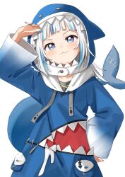 1girl :3 arm_up blue_eyes blue_hair blue_jacket blue_nails blunt_bangs commentary drawstring fins fish_tail gawr_gura gawr_gura_(1st_costume) hand_on_own_hip haru_(konomi_150) highres hololive hololive_english hood hood_up jacket light_blush long_hair long_sleeves looking_at_viewer multicolored_hair nail_polish shark_tail simple_background smile solo streaked_hair tail two-tone_hair upper_body virtual_youtuber white_background white_hair wide_sleeves