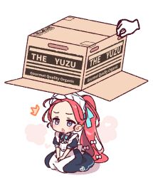 1girl ^^^ ahoge apron black_dress blue_archive blue_eyes blush bow bowtie box cardboard_box chibi disembodied_hand dress full_body kneeling long_hair maid_apron maid_headdress open_mouth ponytail red_hair short_sleeves simple_background solo v_arms white_background yoru_nai yuzu_(blue_archive) yuzu_(maid)_(blue_archive)