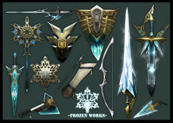 arrow_(projectile) axe bow_(weapon) commentary commentary_request dagger english_commentary english_text fantasy green_background ice knife lance miga_(migao) mixed-language_commentary no_humans original polearm quiver shield simple_background snowflakes still_life sword weapon weapon_focus