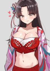 1girl absurdres black_hair breasts brown_eyes bustier cleavage fatal_fury genjimarup hair_down hair_ornament haori heart highres japanese_clothes light_blush navel official_alternate_costume official_alternate_hairstyle pants red_bustier red_pants shiranui_mai solo stomach street_fighter street_fighter_6