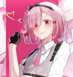 1girl black_gloves black_hairband bow braid candy chest_harness closed_mouth collared_shirt commentary english_commentary food frilled_shirt frills gloves gradient_eyes gradient_hair grey_vest hair_bow hairband half_gloves harness heart heart_sticker highres holding holding_candy holding_food holding_lollipop lollipop looking_at_viewer multicolored_eyes multicolored_hair nijisanji nijisanji_en o0114 orange_eyes pink_background pink_eyes pink_hair rosemi_lovelock rosemi_lovelock_(5th_costume) shirt short_hair smile solo spoken_heart sticker_on_face tongue tongue_out twin_braids upper_body vest virtual_youtuber white_shirt zoom_layer
