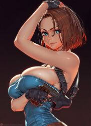 1girl black_gloves blue_eyes blue_tube_top breasts brown_hair fingerless_gloves from_side gloves gradient_background gun hand_on_own_head handgun holding holding_gun holding_weapon holster jill_valentine large_breasts lips looking_at_viewer nikichen resident_evil resident_evil_3:_nemesis short_hair shoulder_holster solo strapless tube_top upper_body weapon