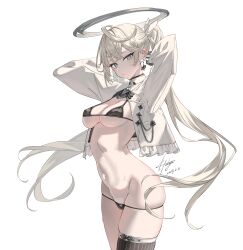1girl absurdres ahoge arms_behind_head asymmetrical_legwear asymmetrical_sidelocks bikini black_bikini black_thighhighs breasts cropped_jacket crossed_bangs dated earrings floating_hair frilled_jacket frills grey_eyes grey_halo groin hair_ribbon halo highres jacket jewelry koga_taiga lapel_chain long_hair looking_at_viewer medium_breasts navel open_clothes open_jacket original ribbon signature simple_background single_thighhigh skindentation solo star_(symbol) star_earrings stomach swimsuit thighhighs twintails very_long_hair white_background white_hair white_jacket white_ribbon