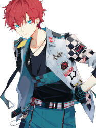 Rule 34 | 1boy, amagi hiiro, aqua eyes, black gloves, black shirt, blue pants, carabiner, commentary, cowboy shot, ensemble stars!, fingerless gloves, gloves, grey jacket, hair between eyes, jacket, jewelry, long sleeves, necklace, official alternate costume, pants, parted lips, red hair, shirt, short hair, simple background, symbol-only commentary, white background, zangyaacco