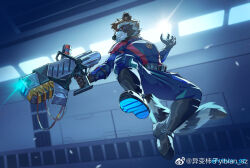 1boy animal_ears artist_name chinese_commentary claws commentary_request fangs furry furry_male grin guardians_of_the_galaxy guardians_of_the_galaxy_vol._3 gun highres holding holding_gun holding_weapon looking_at_viewer male_focus marvel marvel_cinematic_universe movie_reference raccoon_boy raccoon_ears raccoon_tail red_eyes rocket_raccoon smile tail twitter_username watermark weapon weibo_watermark whiskers yibian_sz