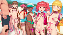 2boys 6+girls :3 :d abubu aqua_hair aqua_nails backpack bag beach bikini bikini_pull bikini_top_lift black_male_swimwear blonde_hair blue_eyes blunt_bangs body_writing bottle breasts brown_hair bulge camera cleft_of_venus clothes_lift clothes_pull commentary_request crime_prevention_buzzer dark-skinned_female dark_skin erection erection_under_clothes exhibitionism flat_chest flip-flops freckles grabbing_own_breast hair_ribbon hand_up highres holding holding_camera horizon jacket loli loli_bitch_island long_sleeves looking_at_viewer low_twintails male_swimwear micro_bikini multiple_boys multiple_girls navel nipples nude o3o ocean off_shoulder one_eye_closed open_mouth orange_jacket original outdoors pink_bikini pink_ribbon pink_shoes public_indecency purple_bag purple_bikini pussy randoseru red_eyes red_hair remote_control_vibrator ribbon ruffle_bikini sandals sex_toy shoes short_hair side-tie_bikini_bottom small_breasts smile sneakers standing star_sticker sticker_on_face swimsuit tomboy twintails uncensored v vibrator vibrator_in_thigh_strap visor_cap watch water water_bottle waving white_hair wristwatch yellow_bikini