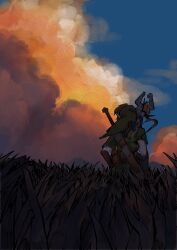 1boy 1girl belt_pouch bracer cloud cloudy_sky from_behind grass green_tunic helmet highres link midna nanasi_kamo nintendo pointy_ears pouch scabbard scenery sheath sheathed single_arm_guard sky sword tall_grass the_legend_of_zelda the_legend_of_zelda:_twilight_princess tunic weapon