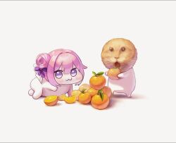 :3 :o alicks_(pixiv_19241330) cat doro_(nikke) doro_orange_story_(nikke) food fruit goddess_of_victory:_nikke hair_bun orange_(fruit) pink_hair purple_eyes simple_background single_side_bun tagme white_background